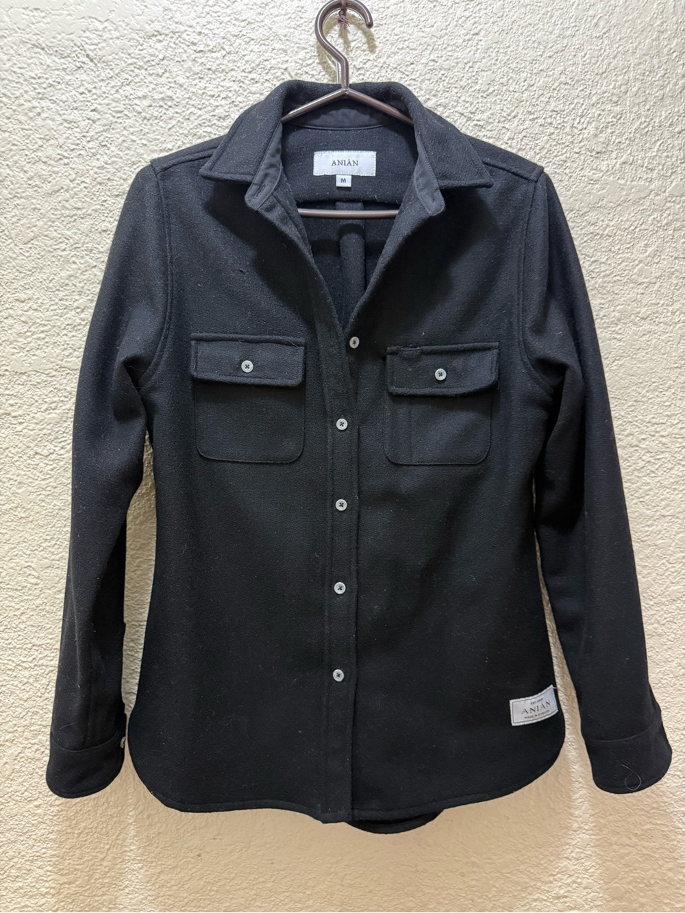 ANIÁN Women's Modern Melton Wool Shirt - Black - Size M